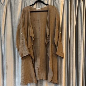 Tan Linen Open Front Waterfall Cardigan